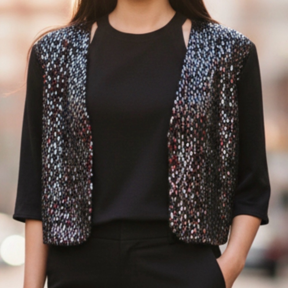 NWOT ST. JOHN Sequin Knit Open Front Cropped Cardigan Jacket Size Large